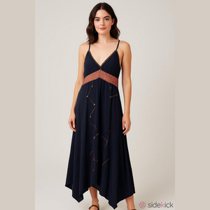 Black Boho XL Sleeveless Maxi Dress w Metal Accents Smocking Asymmetric Hem